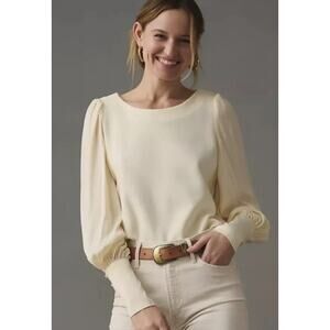 Anthropologie Silky Balloon Sleeve Sweater Blouse Top Ivory Cream Size Small